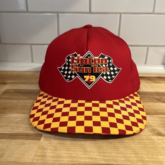 VTG Lipton Sun Tea 79 Racing Snapback Hat Red Yellow Logo Checkerboard Bill USA - Picture 1 of 10